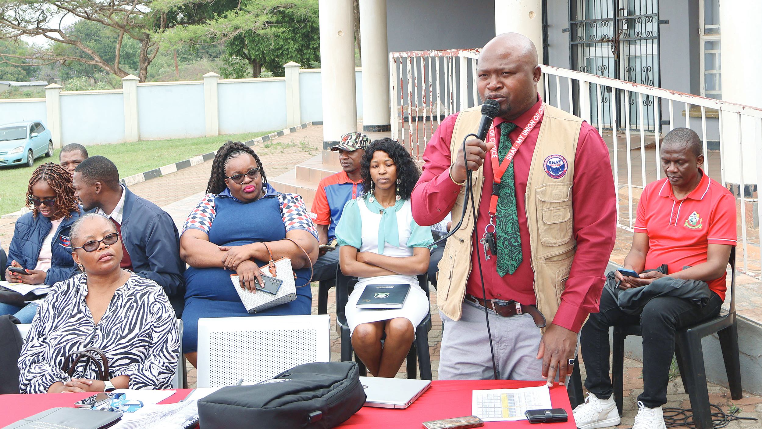 SNAT Secretary General Lot Vilakati (R) addressing PSUs GC members on behalf of the Secretariat during a meeting at SNAT Centre recently. (Pic: File)